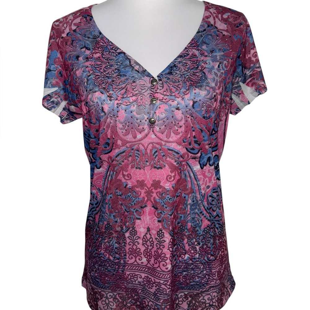 Apt 9 Women’s L Pink Blue Paisley Rhinestone Embellished‎ V-Neck Top Boho Y2K